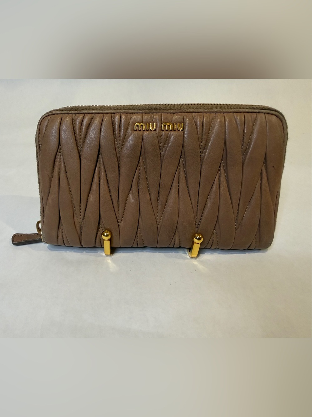 Miu Miu Taupe Quilted Leather wallet with Gold Hardware